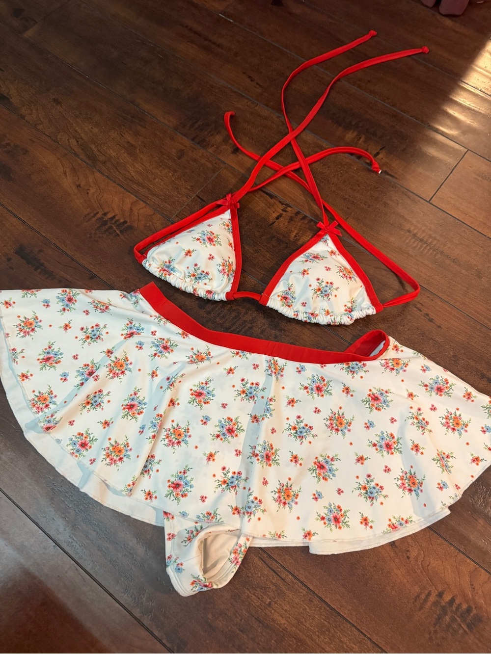 Forever 21 White Floral Bikini Set with Red Trim